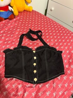 SHEIN Black Halter Crop Top with Button Detail